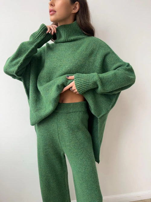 Hirsionsan Loose Soft Elegant Women Suits 2 Pieces Female Set Turtle