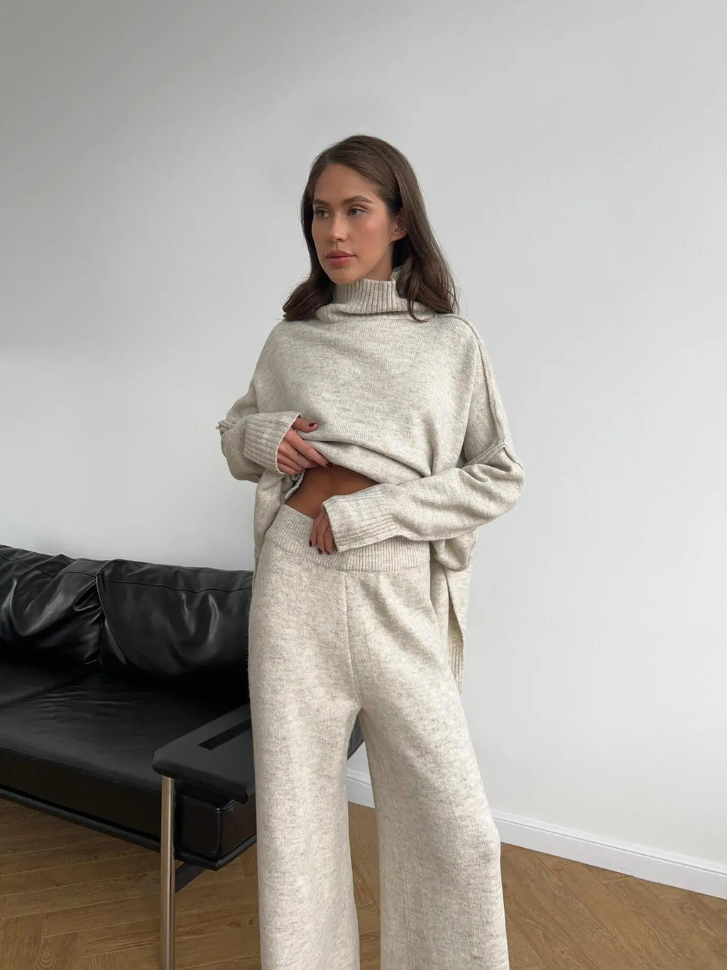 Hirsionsan Loose Soft Elegant Women Suits 2 Pieces Female Set Turtle