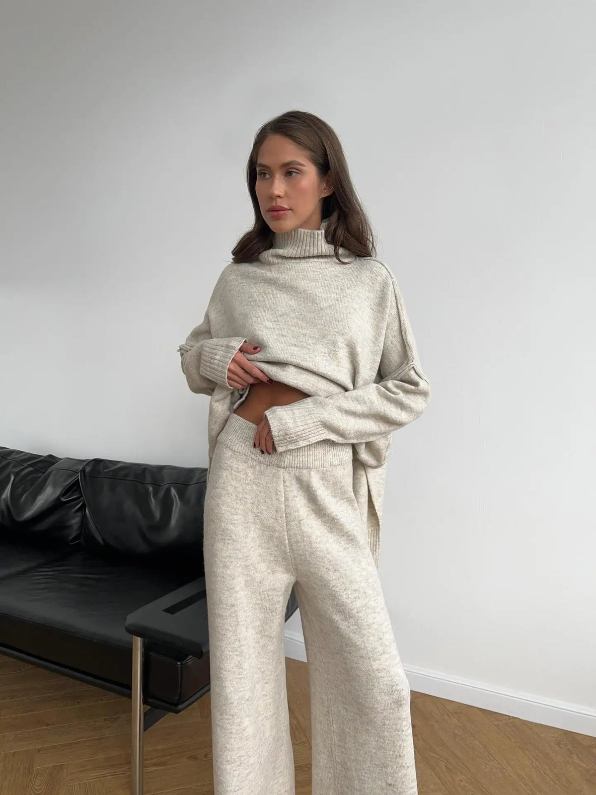 Hirsionsan Loose Soft Elegant Women Suits 2 Pieces Female Set Turtle